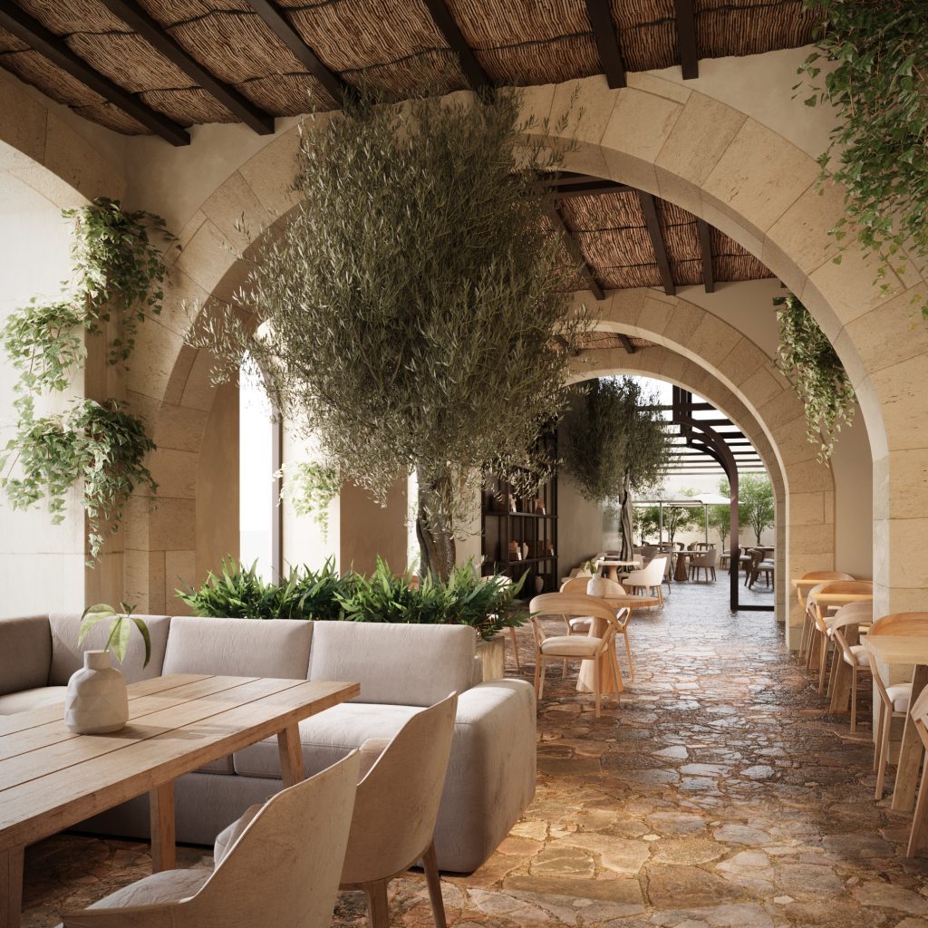 Fotorealistyczna wizualizacja wnętrza śródziemnomorskiej restauracji z kamiennymi łukami, drzewkami oliwnymi, rustykalnym sufitem i drewnianymi stołami – Studio Pietrzak.