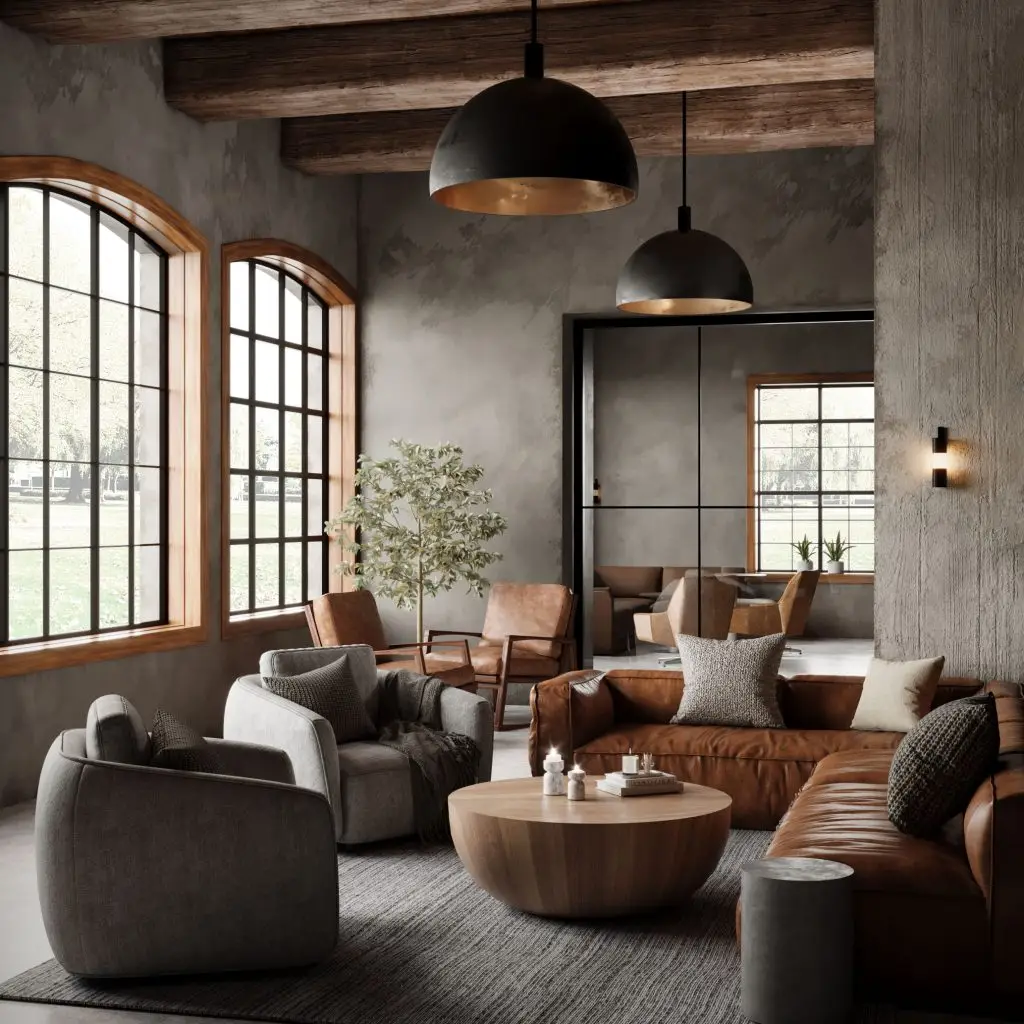 Fotorealistyczna wizualizacja salonu w stylu industrialnym z betonowymi ścianami, skórzaną sofą i dużymi oknami łukowymi – Studio Pietrzak.