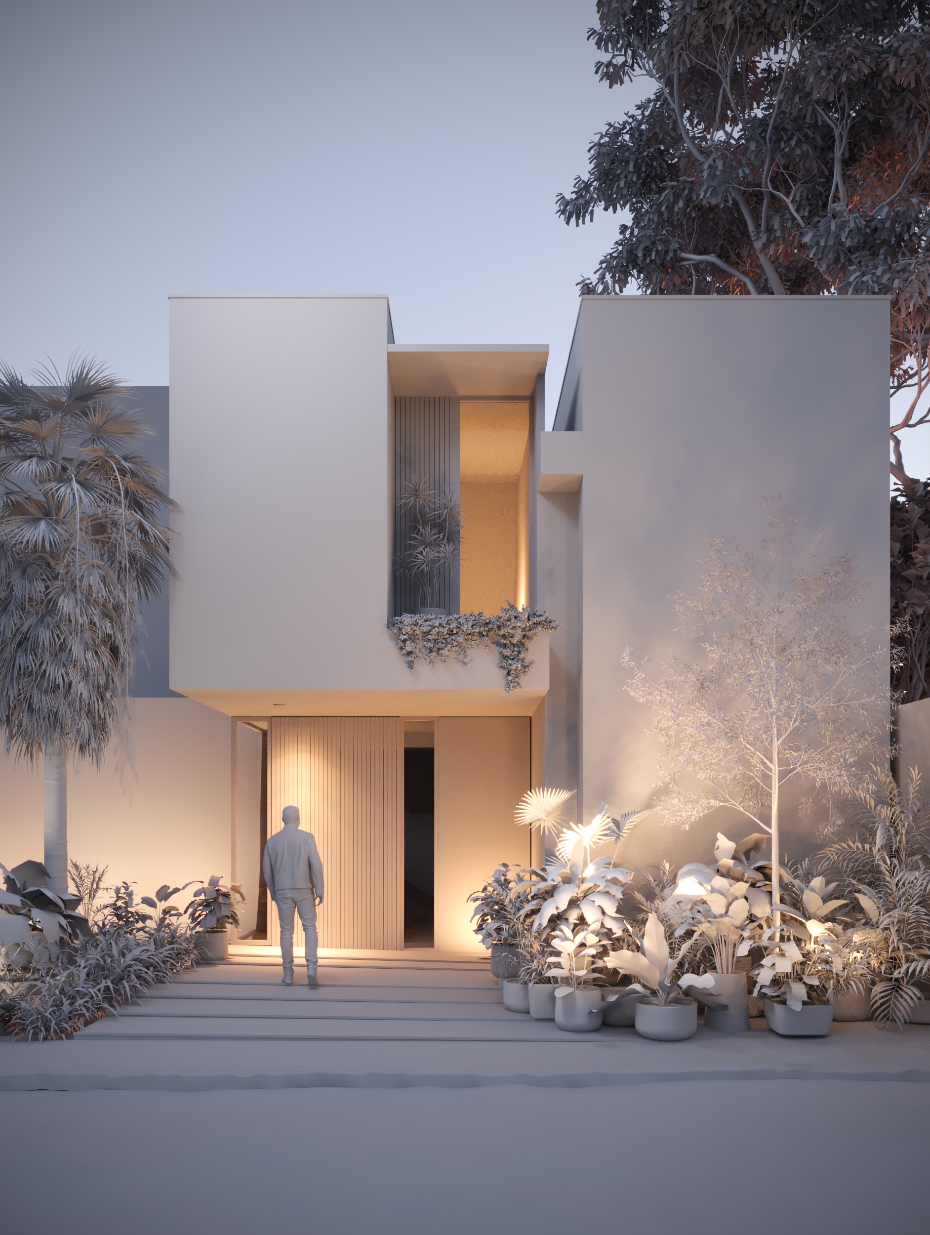 Model 3D (clay render) nowoczesnej rezydencji ukazujący czystą formę brył, teksturę betonu i geometrię roślinności bez kolorów – Studio Pietrzak.