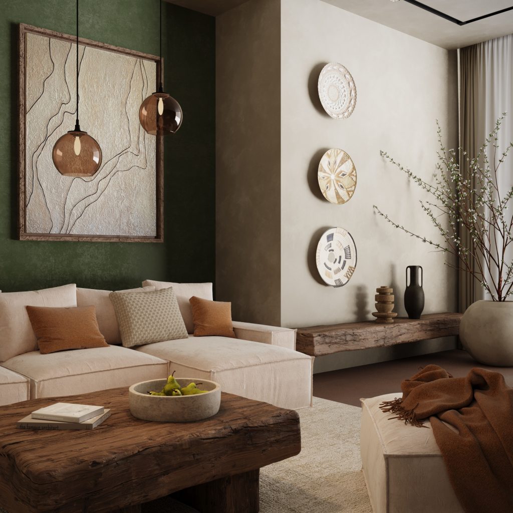 Ujęcie fotorealistyczne salonu Japandi/Wabi-Sabi ze skórzanym fotelem, plecionym dywanem, ściennymi talerzami dekoracyjnymi, rzeźbiarską ceramiką i gałęzią w donicy – wizualizacja 3D Studio Pietrzak.