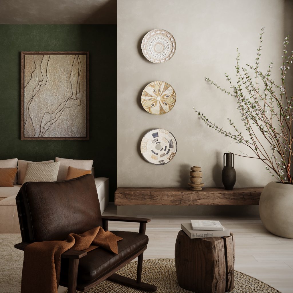 Ujęcie fotorealistyczne salonu Japandi/Wabi-Sabi ze skórzanym fotelem, plecionym dywanem, ściennymi talerzami dekoracyjnymi, rzeźbiarską ceramiką i gałęzią w donicy – wizualizacja 3D Studio Pietrzak.