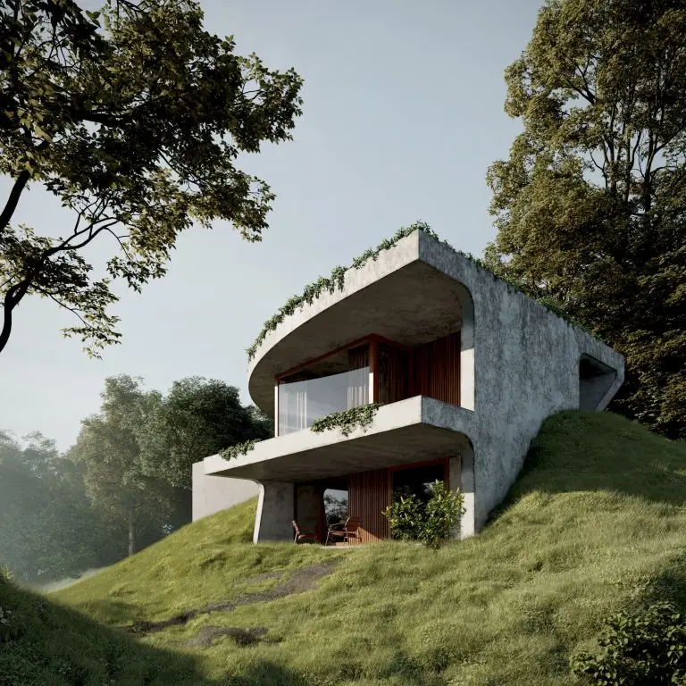 Wizualizacja 3D nowoczesnego domu w skarpie, betonowa architektura organiczna z dachem zielonym i dużymi przeszkleniami w lesie – Studio Pietrzak.